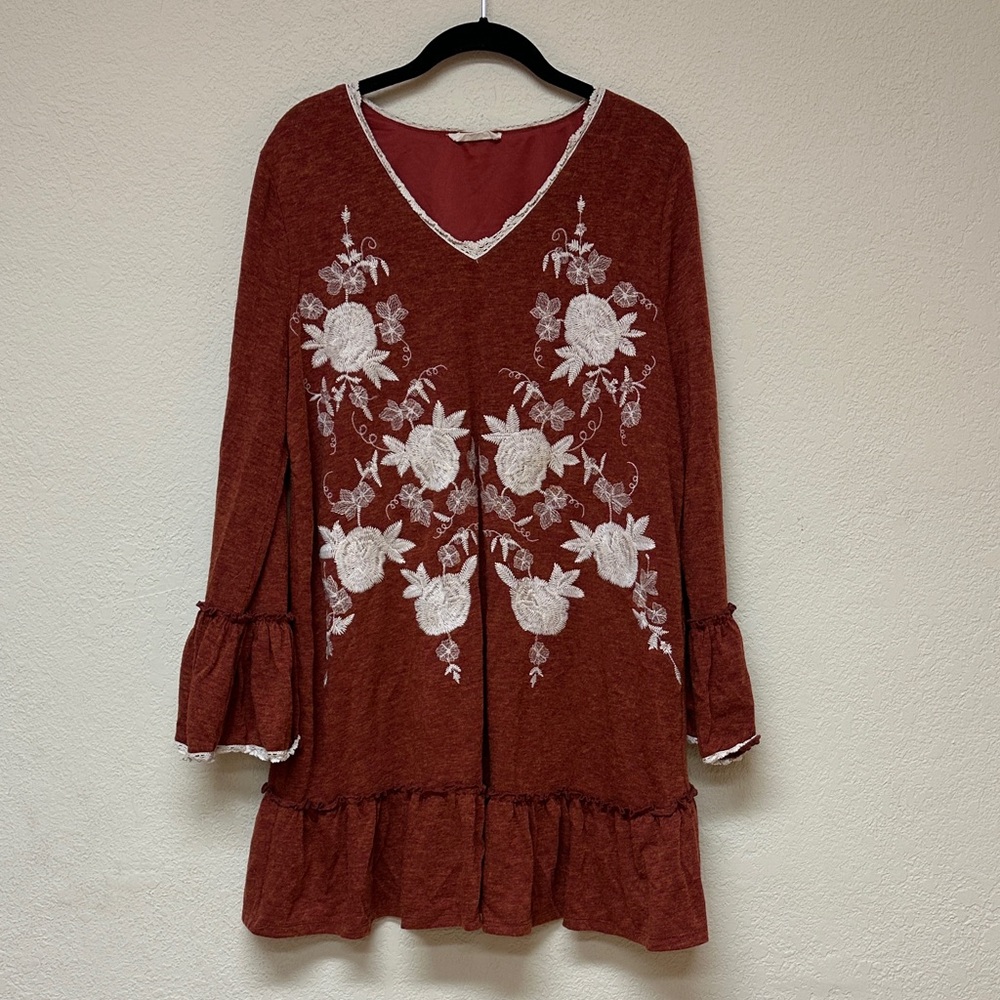 Entro Rust Floral Embroidered Mini Dress
